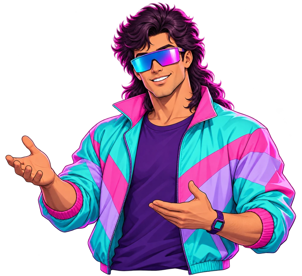 Vibe Bro, a smiling illustrated coding coach with a mullet, mirrored sunglasses, and a windbreaker